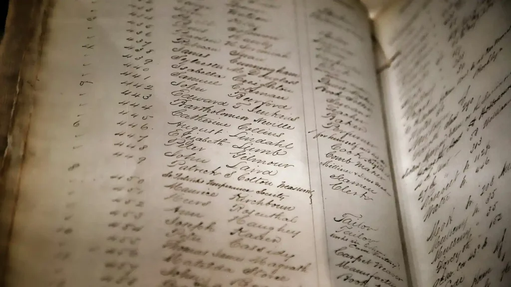 An old book with names listed in cursive handwriting