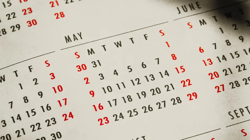 Calendar displaying the date and weeks of the month of May