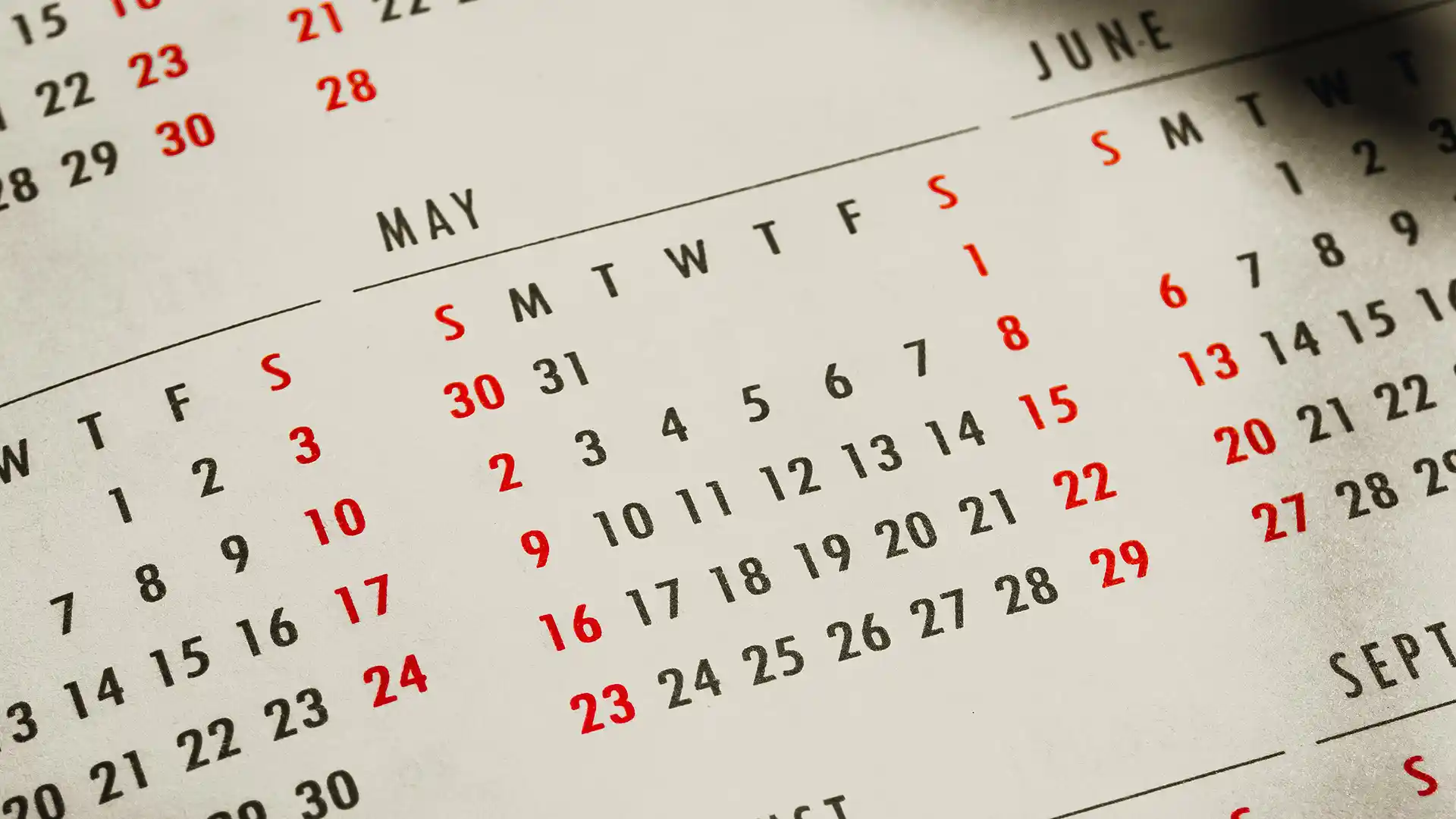 Calendar displaying the date and weeks of the month of May